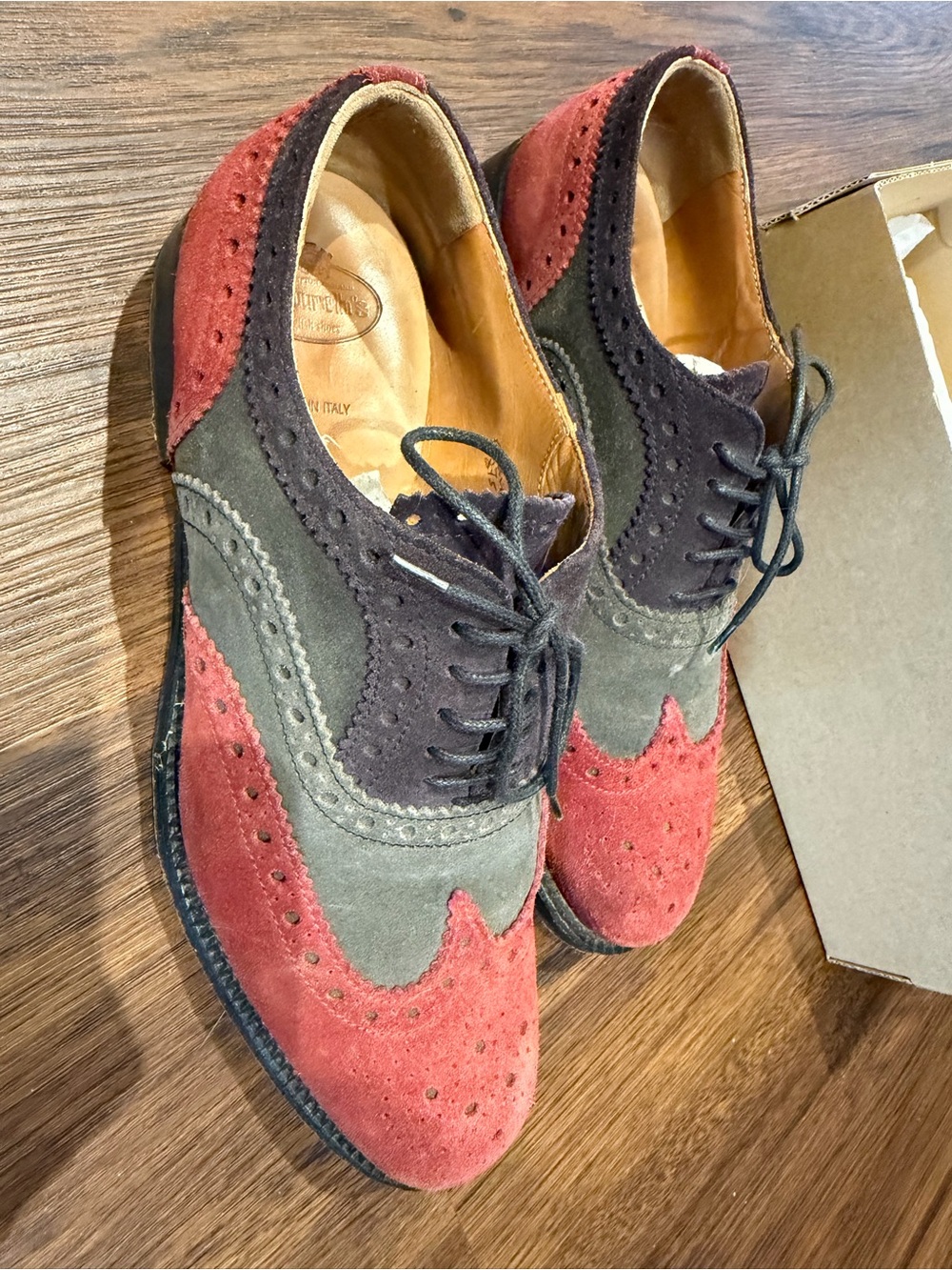 Church's Tri-Color Suede Wingtip Oxfords - Red/Olive/Brown